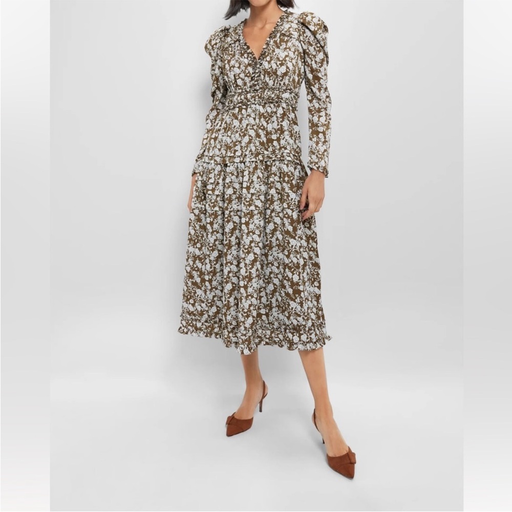 Hyacinth House Olive and White Floral Tiered‎ Midi Dress Size XS